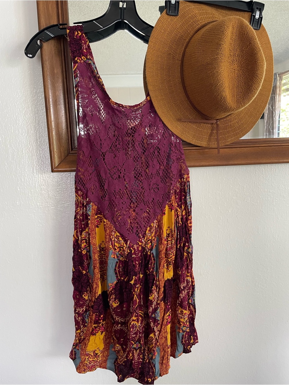 Free People Burgundy Lace-Top Mini Dress with Mustard and Burgundy Print